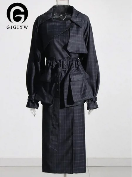 Женский плащ с отложным воротником GIGIYW, с длинным рукавом, с поясом в стиле пэчворк, однотонные минималистичные пальто, модная одежда для ос...