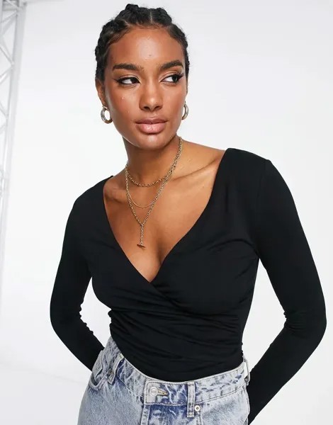 Черное боди с запахом и длинными рукавами ASOS