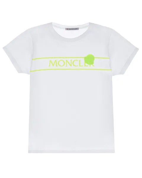 Белая футболка с салатовым логотипом Moncler
