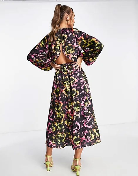Разноцветное платье миди с неоновым цветочным принтом и открытой спиной, присборенной талией Topshop