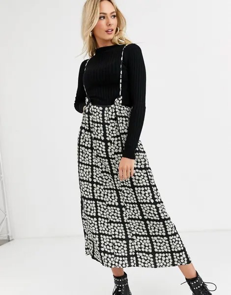 Юбка-сарафан в клетку с цветочным принтом ASOS DESIGN-Мульти
