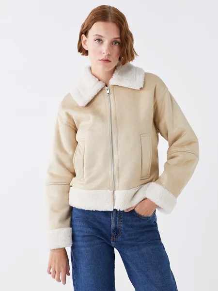 Женское однотонное замшевое пальто с рубашечным воротником LCW Casual