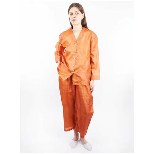 Пижама , жакет, брюки, длинный рукав, пояс на резинке, размер 46, коралловый, оранжевый