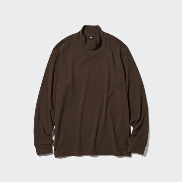 Футболка флисовая Uniqlo с вырезом и длинными рукавами, темно - коричневый