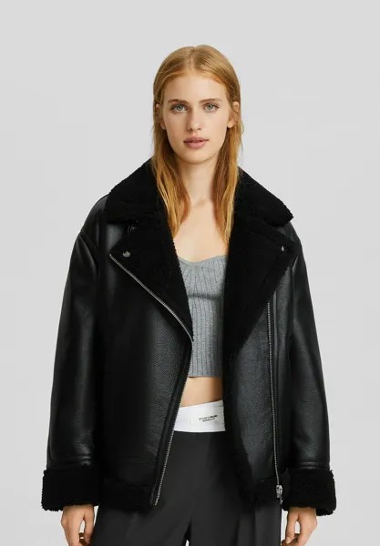 Куртка из искусственной кожи Double-Faced-Biker Bershka, черный