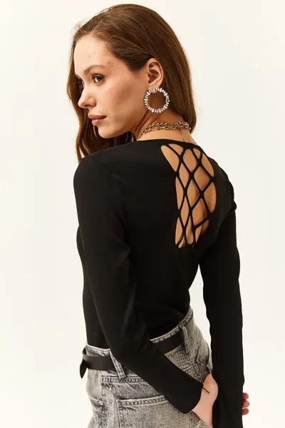 Женская черная трикотажная блузка в клетку с глубоким вырезом и V-образным вырезом на спине Olalook, черный