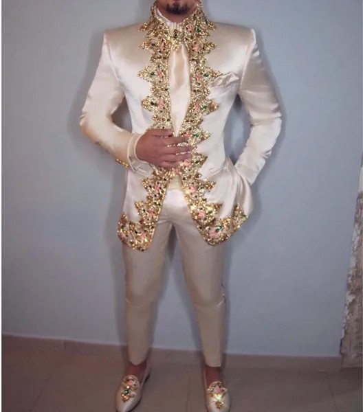 Мужской костюм из двух предметов (пиджак + брюки + ремень), итальянский облегающий Свадебный костюм с воротником-стойкой для мужчин, костюм с ...
