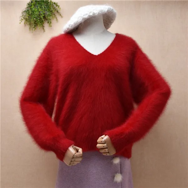 Женская осенне-зимняя одежда, пушистый норковый кашемировый вязаный Свободный пуловер с V-образным вырезом, джемпер из ангоры, красный свит...
