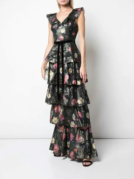 MARCESA Notte Черное жаккардовое платье с металлическим цветочным принтом и рюшами и вырезом на спине 8US