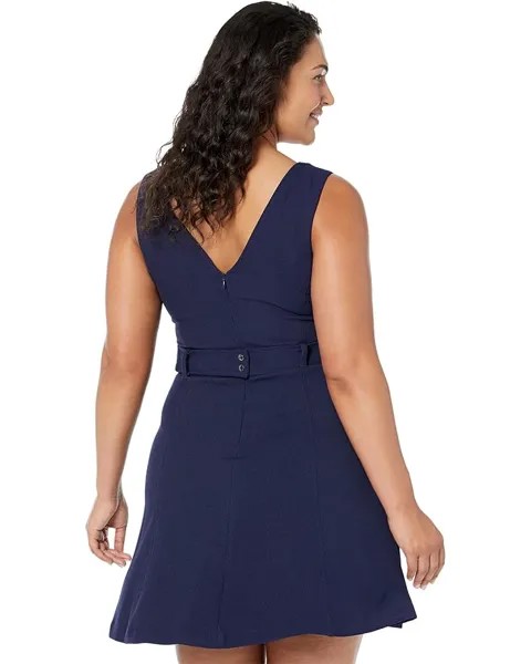 Платье Vince Camuto Pixie Crepe V-Neck Fit-and-Flare with Self Belt At Back Waist, темно-синий
