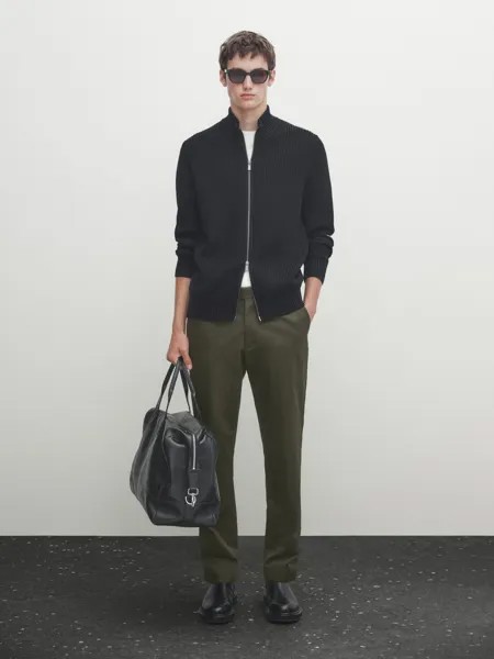 Кардиган из хлопкового трикотажа на молнии Massimo Dutti, черный