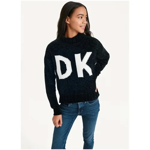 Свитер DKNY L черный с белыми буквами на спине и груди, бархатная текстура вязки Chunky Chenille Logo Sweater