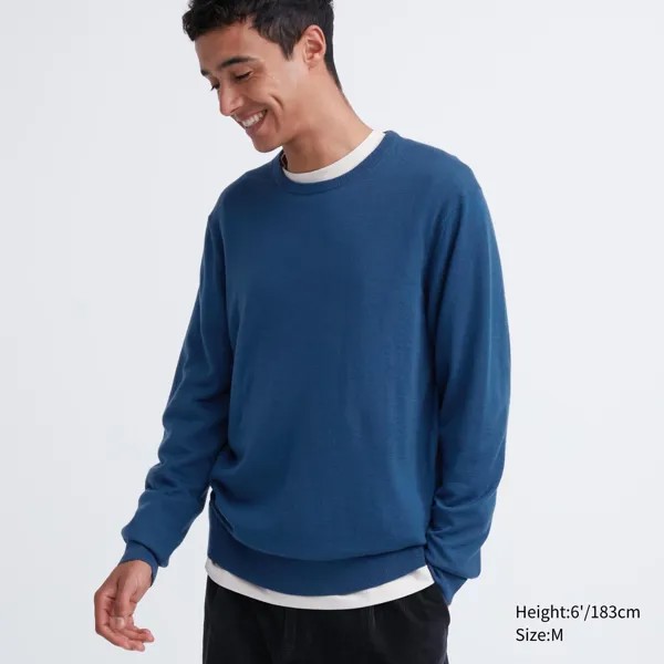 Свитер Uniqlo мужской из шерсти мериноса с круглым вырезом, синий