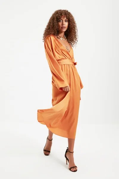 Атласное вечернее платье цвета корицы с поясом TPRAW22EL1412 Trendyol, коричневый