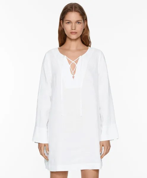 Платье Oysho Linen Lace up, белый