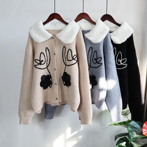 Женский свитер EBAIHUI, вязаный лоскутный пуловер с воротником Питер Пэн, корейская мода, мешковатая аппликация, джемпер, верхняя одежда с цвет...