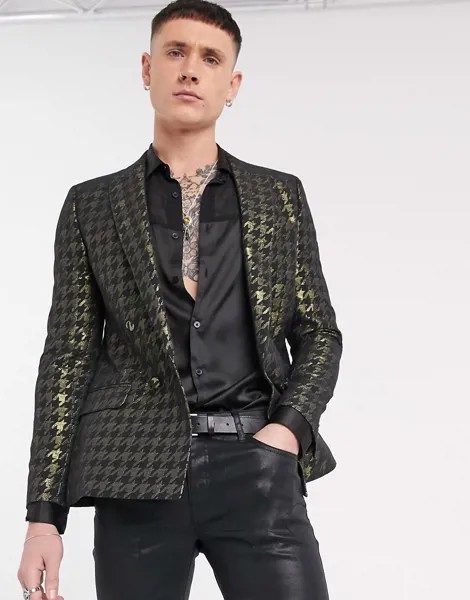 Золотистый двубортный приталенный пиджак с узором 