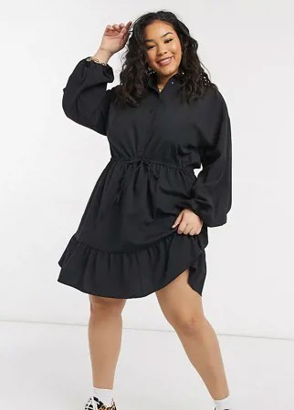 Черное платье-рубашка мини в однотонную полоску на пуговицах с короткой расклешенной юбкой и оборкой на подоле ASOS DESIGN Curve-Черный цвет