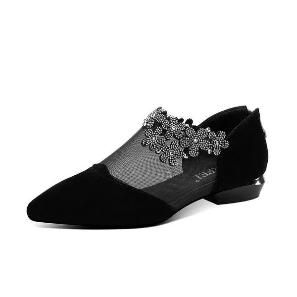 Женщины Сетчатые туфли 2021 Весна Корейский стиль Низкие каблуки Сексуальный заостренный носок Квадратный каблук Женская посуда Черный Большой размер