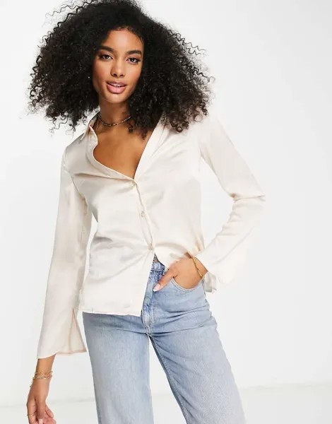 Атласная рубашка узкого кроя цвета слоновой кости ASOS DESIGN-Белый