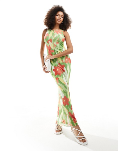 Платье Vero Moda Sleeveless Lettuce Edge Mesh In Floral Print, зеленый