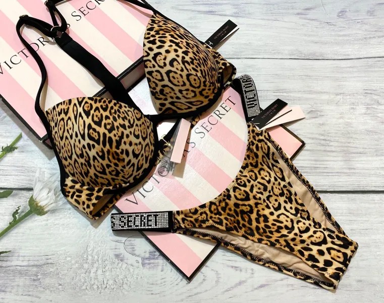 Victorias Secret Shine Strap Push Up Top Бразильский комплект для плавания с натуральным леопардовым принтом