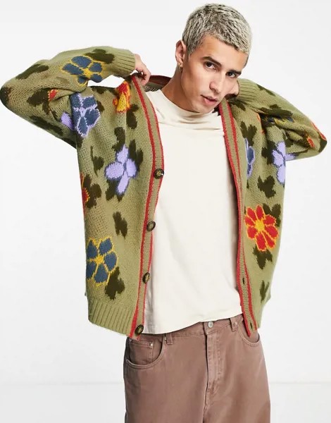 Трикотажный кардиган цвета хаки с цветочным принтом ASOS DESIGN-Зеленый цвет
