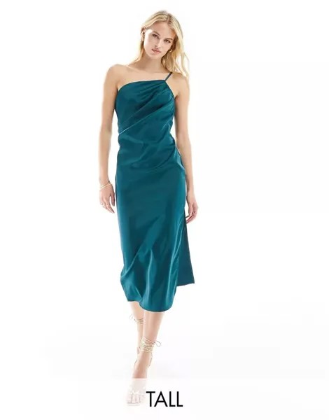 Изумрудно-зеленое узкое атласное платье миди на одно плечо In The Style