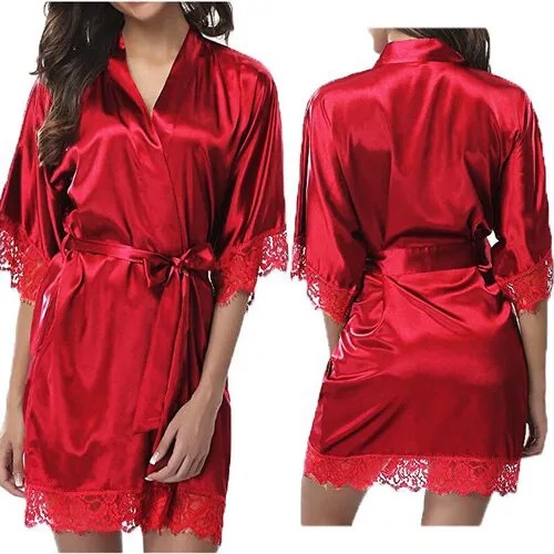 Пижама , пеньюар, на завязках, укороченный рукав, без карманов, пояс, размер 42/44, красный
