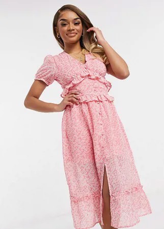 Платье миди с оборками спереди и цветочным принтом Influence Petite-Розовый цвет