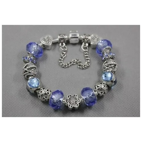 Браслет-цепочка Handinsilver ( Посеребриручку ) Браслет с шармами на основе из бижутерной стали, стекло, муранское стекло, стразы, 1 шт., размер 17 см, голубой