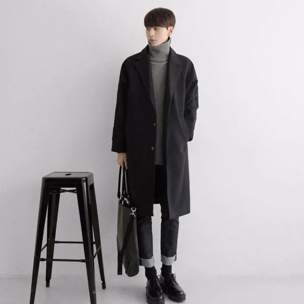 Японская ветровка для мужчин, длинное плотное теплое шерстяное пальто, модное свободное шерстяное пальто, шерстяная ткань, плащ в Корейском...