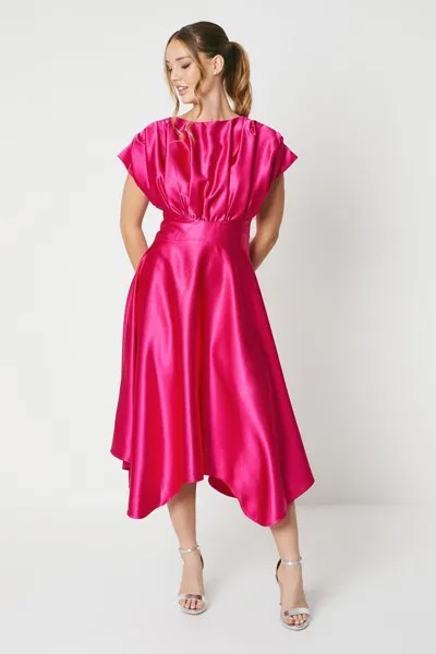 Атласное платье миди со складками и платком на плечах Coast, розовый
