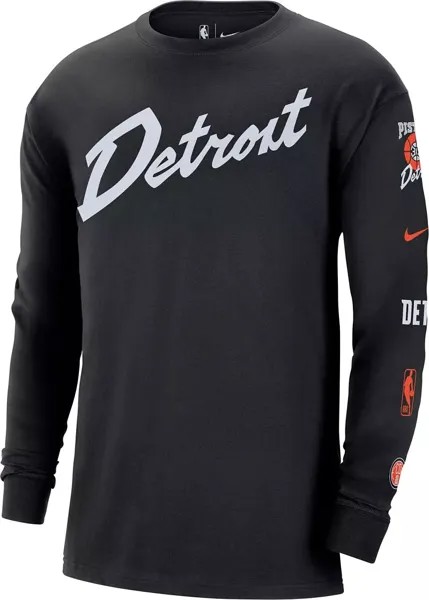 Мужская футболка с длинным рукавом и логотипом Nike City Edition Detroit Pistons Courtside M90 ​​2023-24
