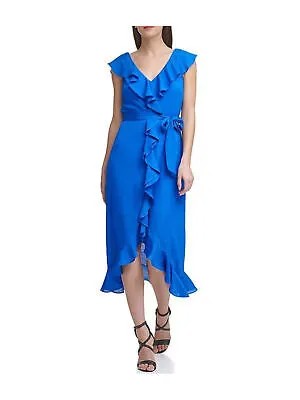 DKNY Womens Blue Self Tie Belt Cap Sleeve V-образным вырезом Midi Party Hi-Lo Dress 14