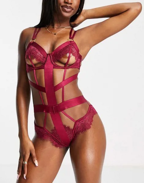 Красное боди с открытыми чашечками, тесемками и кружевом Hunkemoller Flora-Красный