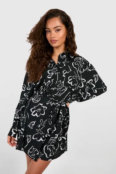 Платье-рубашка с поясом и цветочным принтом «летучая мышь» boohoo, черный