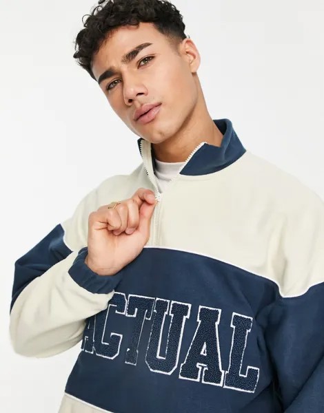 Флисовый oversized-свитшот в стиле колор блок кремового цвета с короткой молнией и логотипом-аппликацией ASOS Actual-Белый