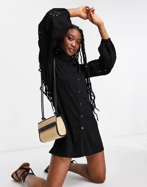 Черное платье-рубашка мини с вышивкой и резным дизайном на рукавах ASOS DESIGN-Черный цвет