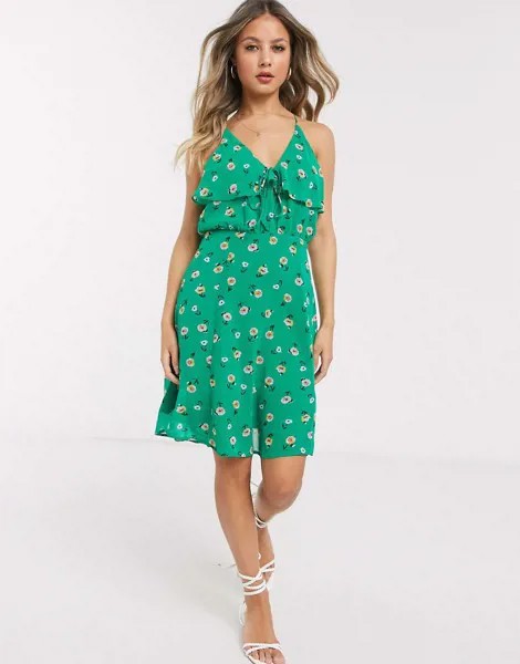 Зеленое платье мини с цветочным принтом и оборками Gilli-Зеленый цвет