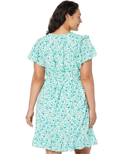 Платье Draper James Plus Size Tie Waist Flutter Sleeve Dress in Woodblock Floral, цвет Green Multi