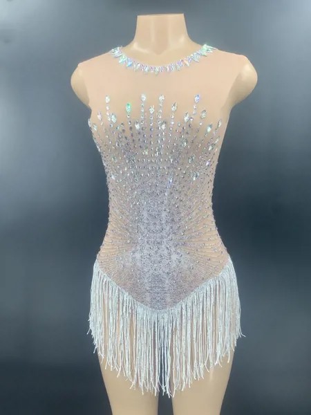 Серебристый Стразы платье с бахромой единого дизайна для сетки телесного цвета боди для женщин на день рождения вечерние клубная одежда бар Ds Dj певица танцор одежда VDB3104