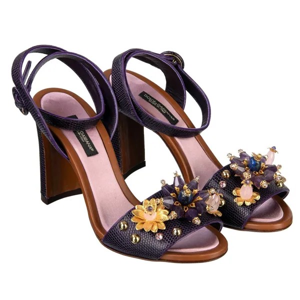 Dolce - Gabbana Босоножки Lizard с цветами и бусинами, фиолетовые туфли 07490