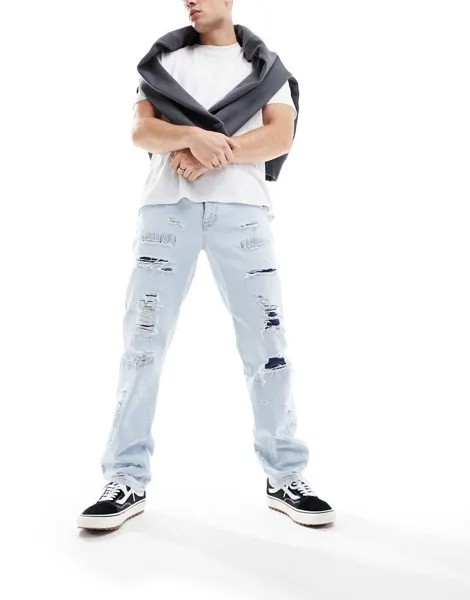 Светло-голубые прямые джинсы с заплатками ASOS DESIGN