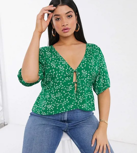 Блузка с мелким цветочным принтом и завязками Wednesday's Girl Curve-Зеленый