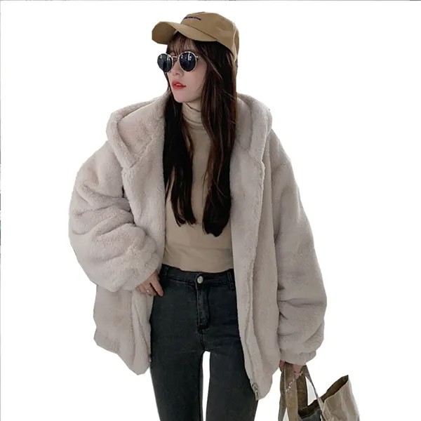 Женская зимняя куртка средней длины с имитацией кролика, толстая свободная толстовка на молнии с капюшоном, Женская парка, простое универса...