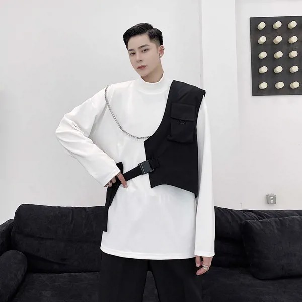 Индивидуальный модный мужской жилет dark system функциональный ветрозащитный ремень дизайн чувство работы одежда безрукавка хип-хоп асимметри...