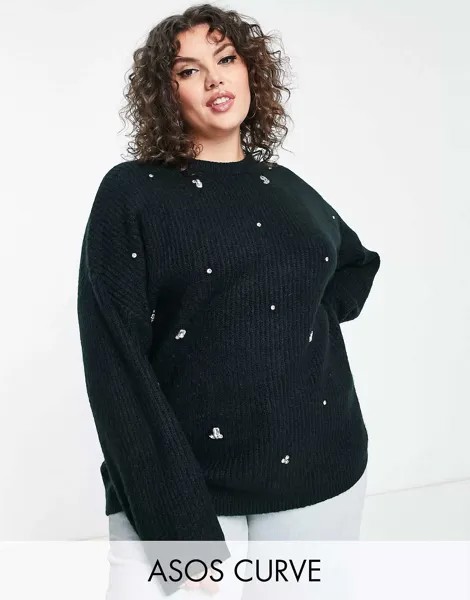 Черный джемпер в рубчик ASOS DESIGN Curve с камнями, украшенными камнями