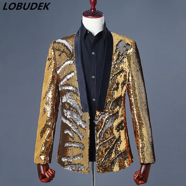 Яркая куртка с блестками, пальто золотистого и серебристого цвета, двухцветные блейзеры, верхняя одежда для ночного клуба, бара, мужчин, пев...