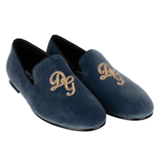 Dolce - Gabbana Бархатные лоферы Amalfi Dg Logo Embroidery Blue Gold 11049